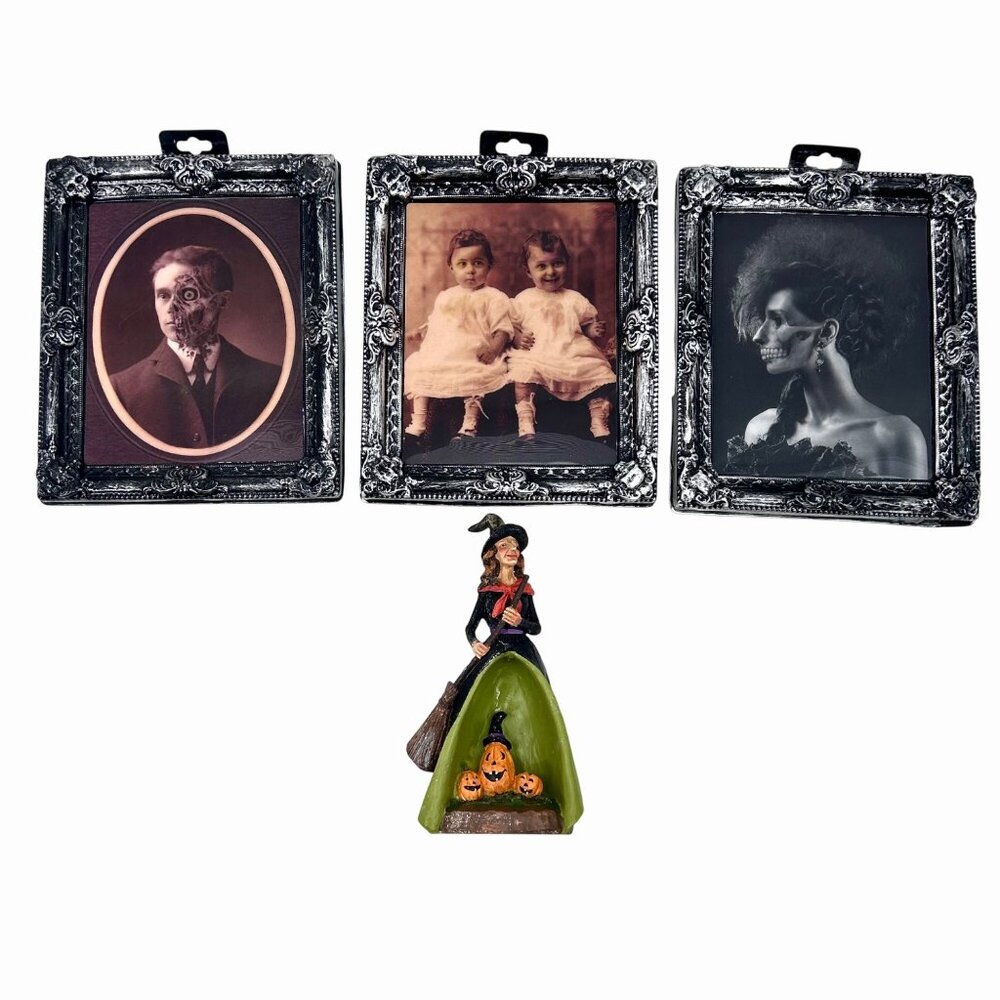 HALLOWEEN LOT 3 VINTAGE INSPIRED LENTICULAR PHOTOS IN FRAMES AND WITCH FIGURINE